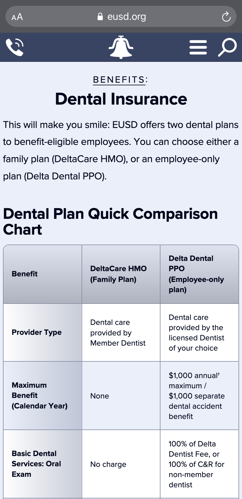 The Dental Insurance subpage on an iPhone.