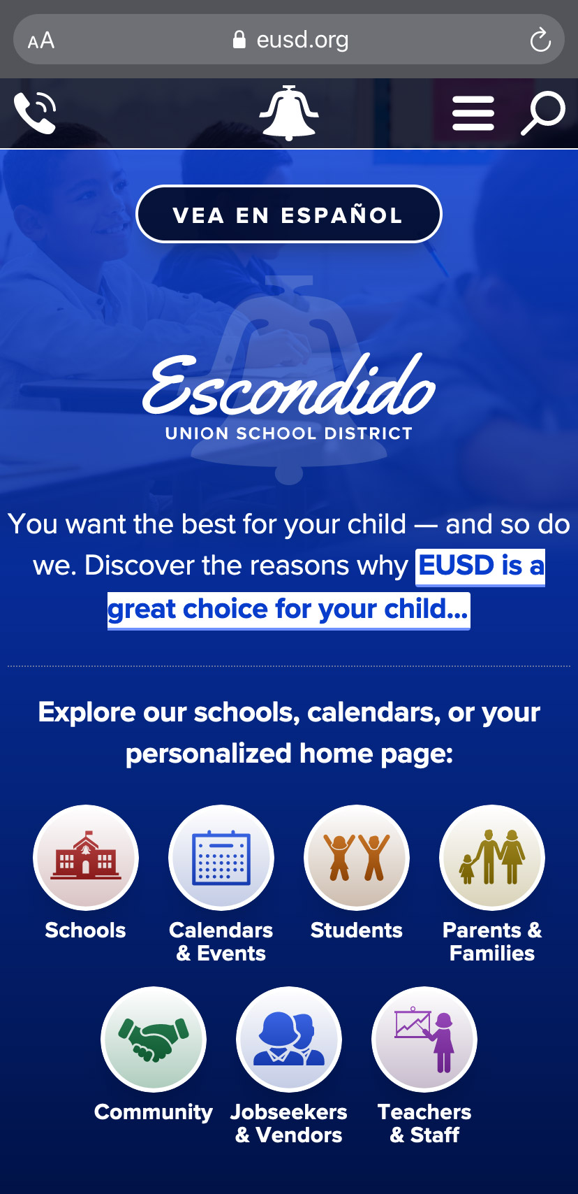 The main EUSD home page on an iPhone.