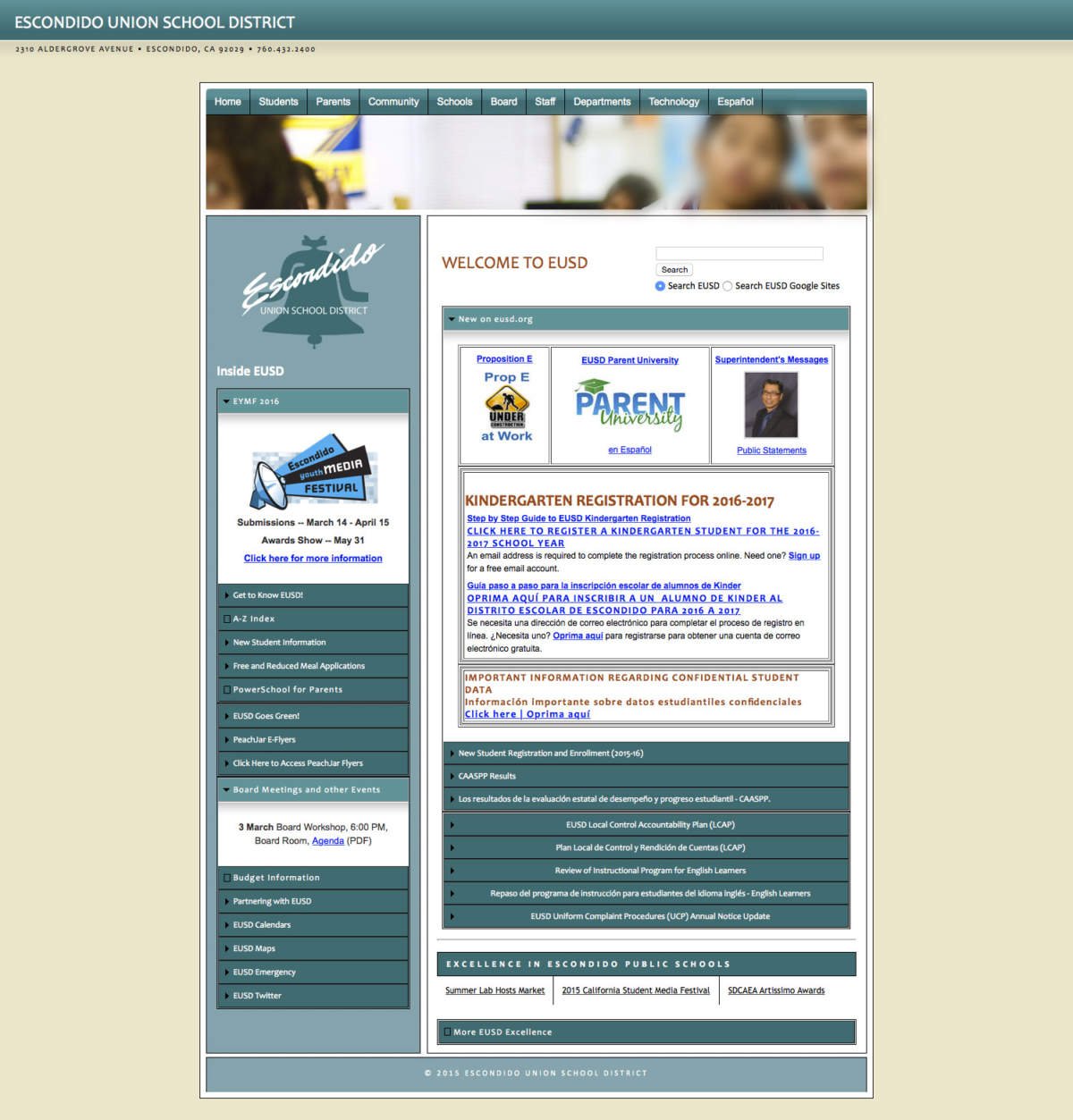 The old home page featuring a beige & green color scheme with numerous cluttered links & content regions.