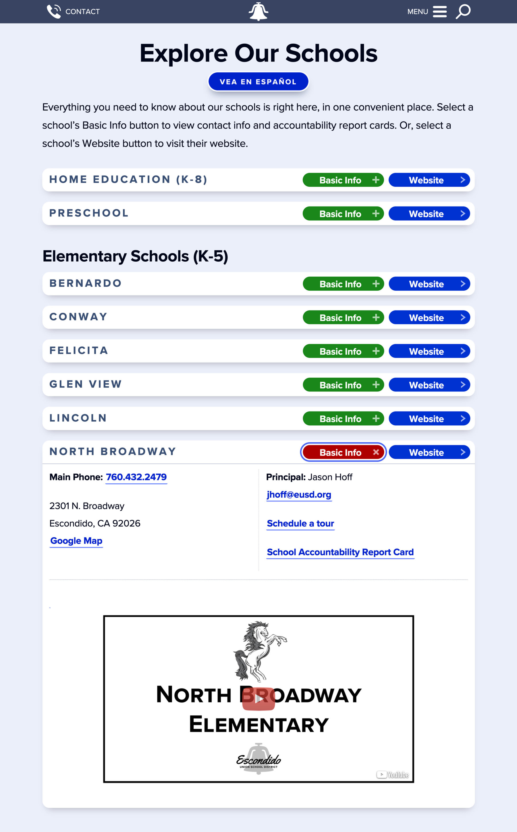 The Explore Our Schools page with a list of 8 schools, each with its own content box & 1 box expanded to reveal basic info.